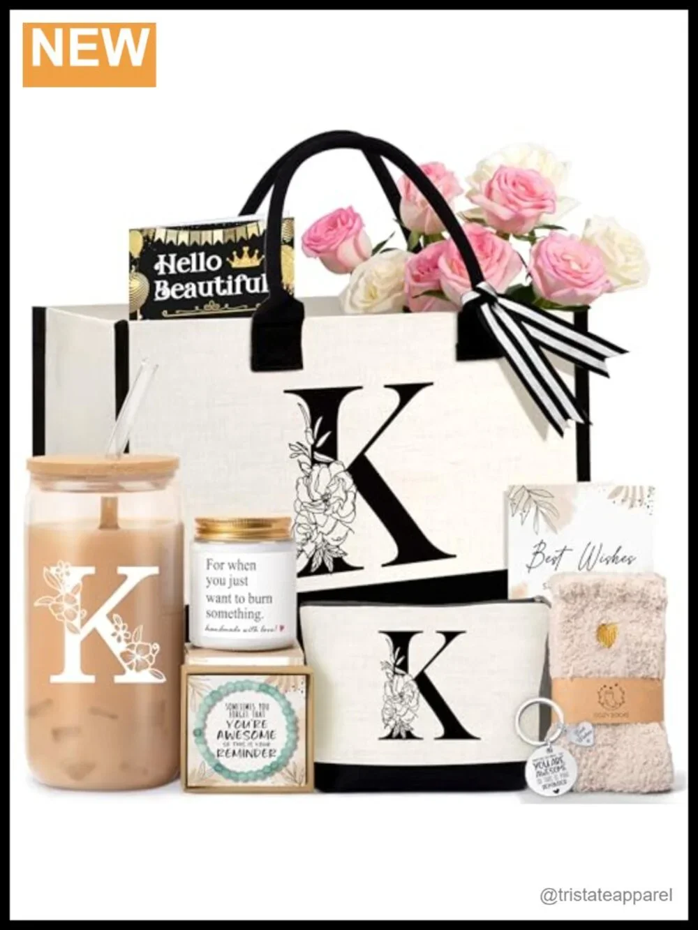 Monogrammed Tote Bag Gift Set w/ Cosmetic Bag, Glass Cup, Keychain, Candle,